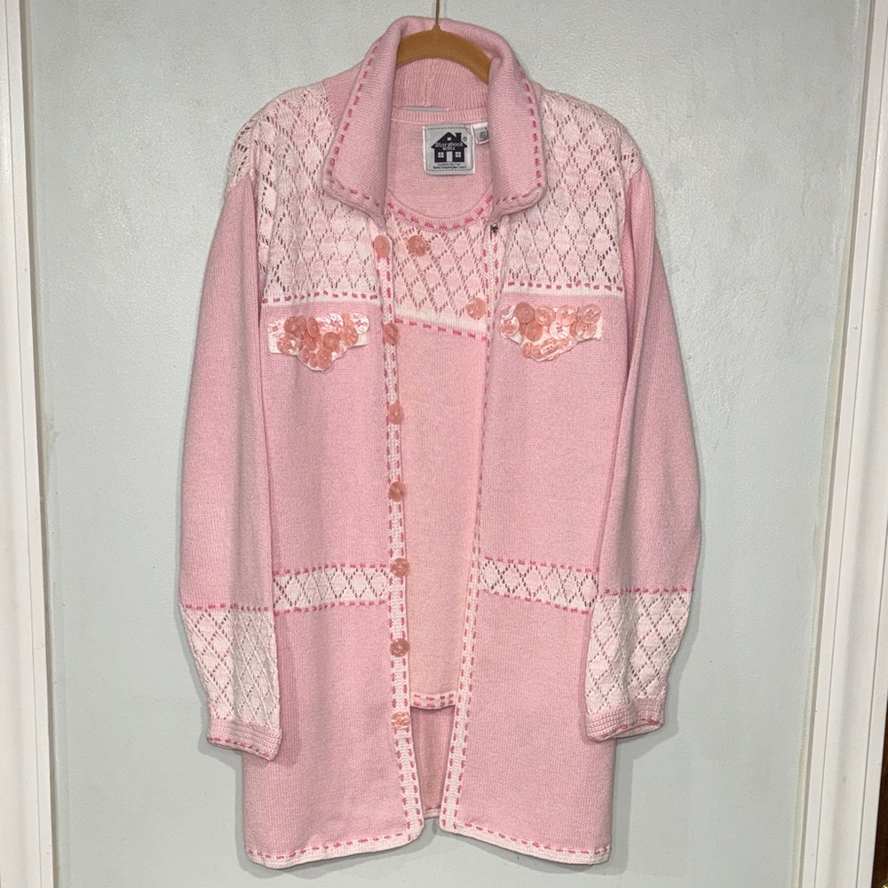 Storybook Knits Button Trends Pink HandKnit Embroidered Sweater Coat Tank Set L